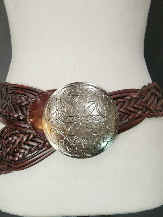 New York & Company Accessories - Boho Vibe: NY&Co Boho Braided Brown Leather Belt Large Silver Concho Buckle